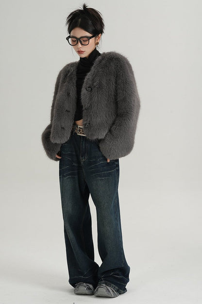 High-End Gray Eco-Friendly Fur Coat