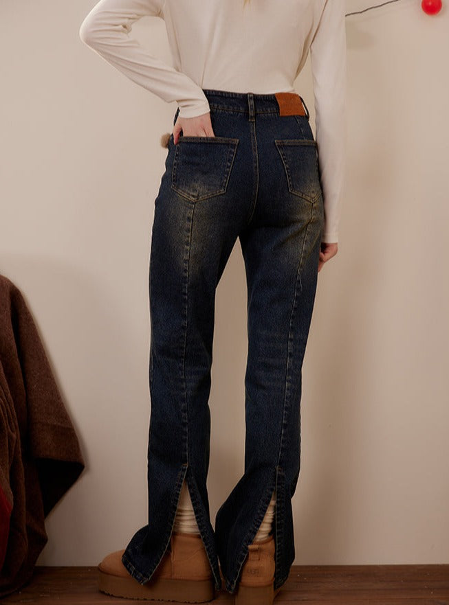 Retro Pocket Raw Leg Slit Jeans Pants