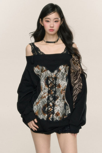 [On sale at 20 o'clock on September 26th] less also eye Paris Pictorial one-shoulder loose lace sweatshirt women's early autumn