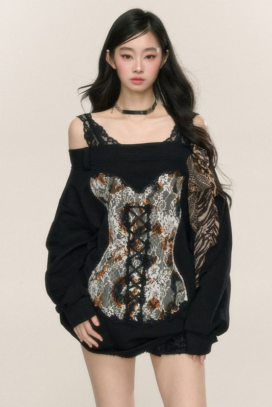 Paris Pictorial ONE-SHOULDER LACE SWEATSHIRT SET-UP