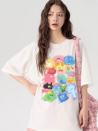 Gradient Cartoon Print T-Shirt