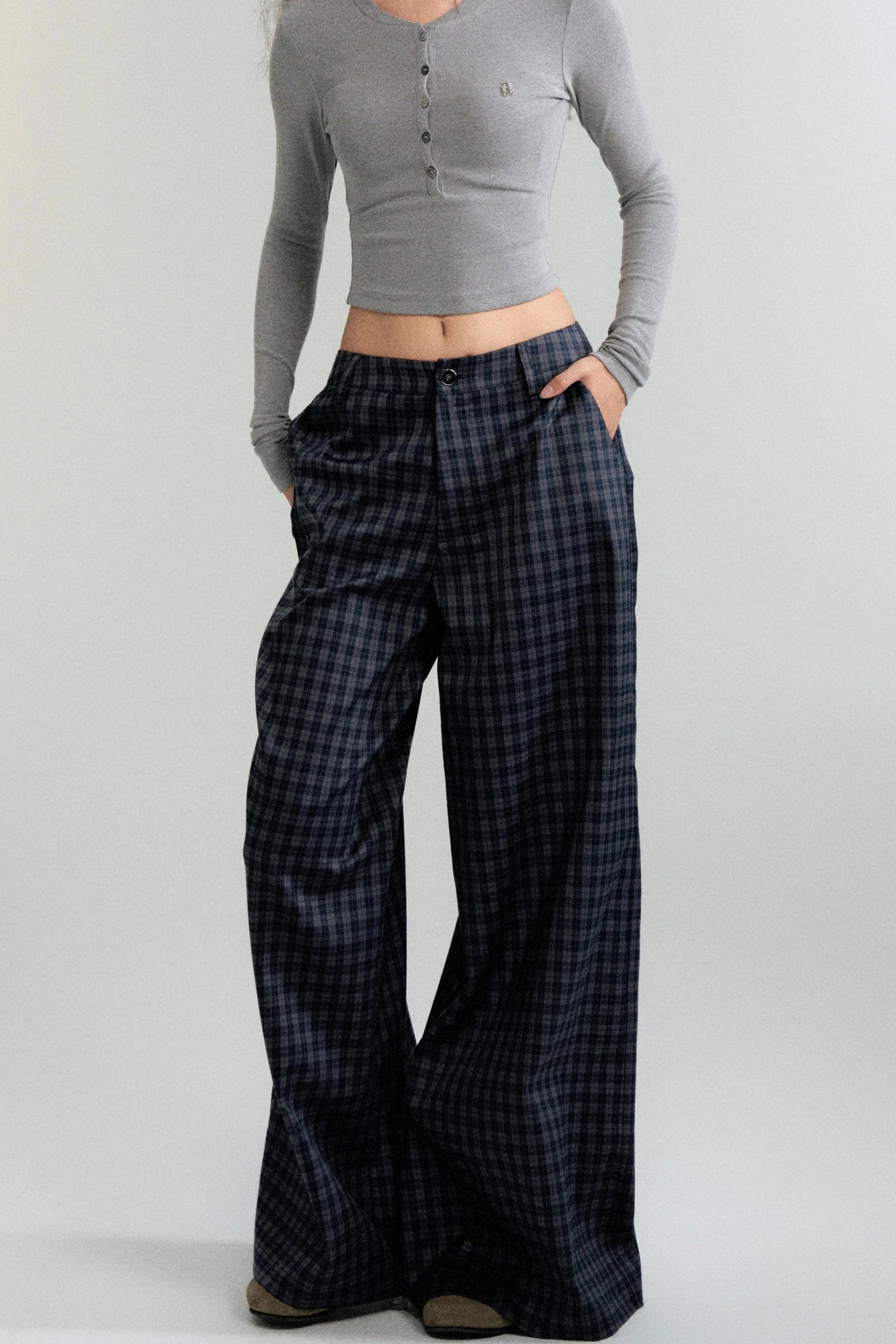 LULUSWINGS 24AW Slouchy Antique Navy Plaid Wide-Leg Pants Women's Loose Casual Straight Pants