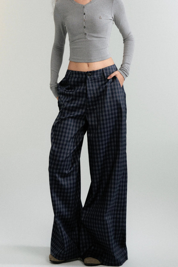 Antique Navy Plaid Wide-Leg Pants