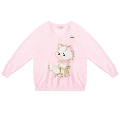 Retro Cat Plush V-NECK SWEATER