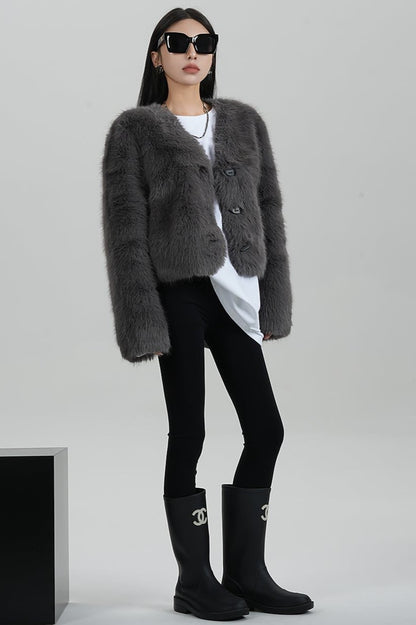 High-End Gray Eco-Friendly Fur Coat