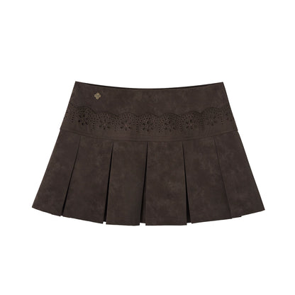 Somesowe Lace Spliced Velvet Pleated Leather Skirt