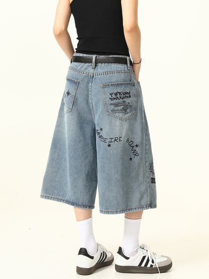 Graffiti Letter Denim Shorts Pants