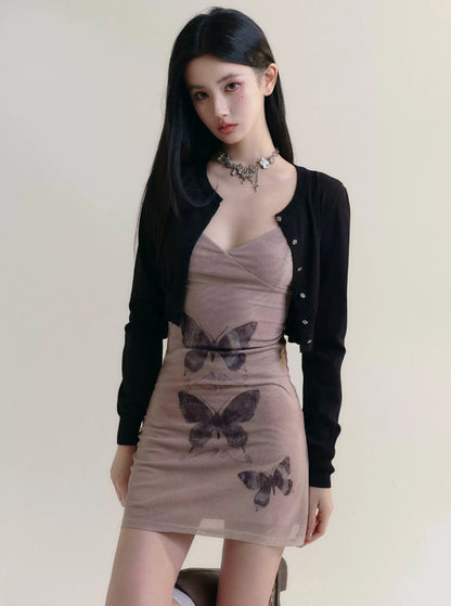 [Spot] fragile shop - crimson hot love hot girl sweet cool butterfly print slip dress slim dress