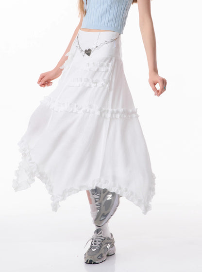 Retro Lace White Mid-Length Skirt