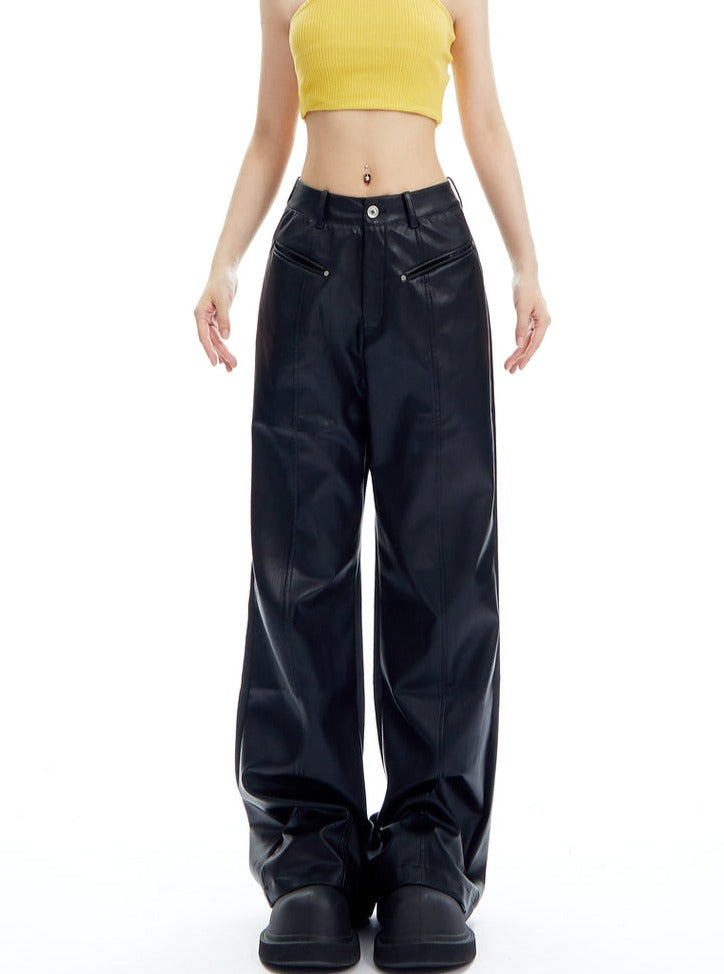 Loose Wide Leg PU Leather Pants