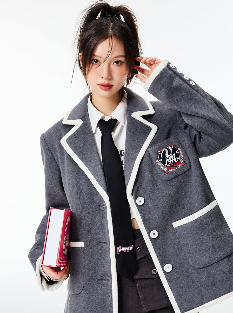 collegiate style contrast thickened tweed jacket