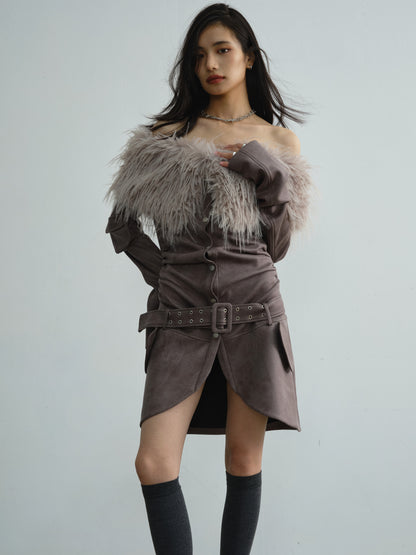 shoulder fur-collared suede dress