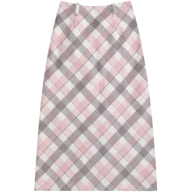 Pink Gray Check Woolen Skirt