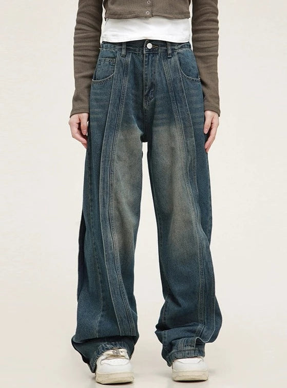 American patchwork washed jeans pants