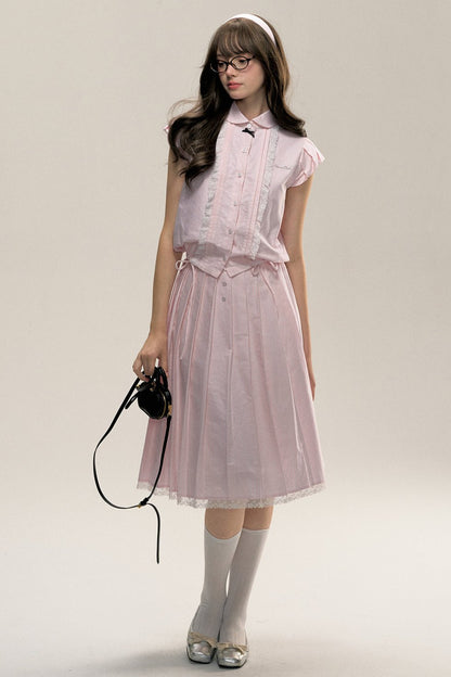 Flying Sleeve Shirt and Pleated Skirt Set-UP