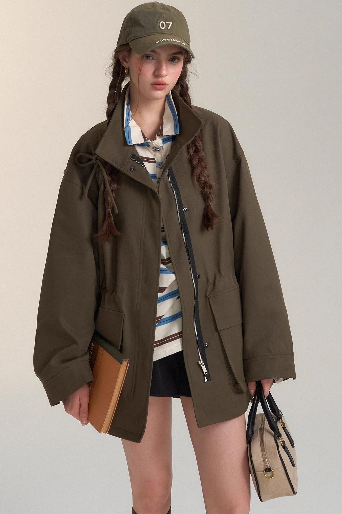 Drawstring Bow Cargo Coat