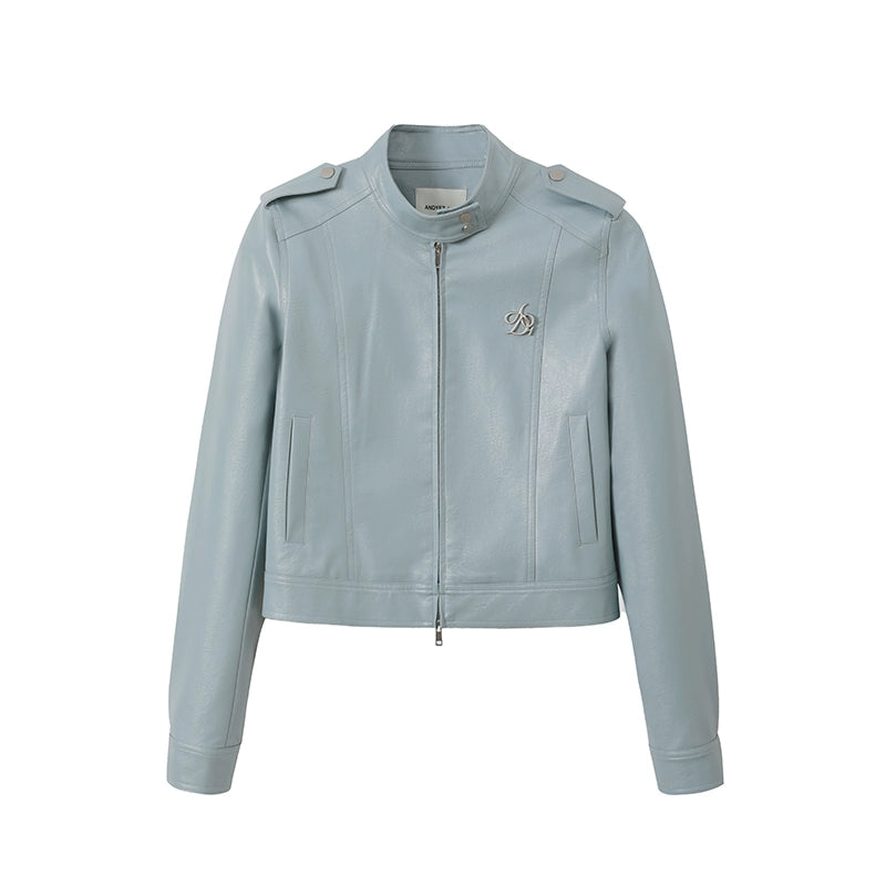 크롭 바이커 PU 가죽 재킷 