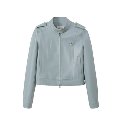 크롭 바이커 PU 가죽 재킷 