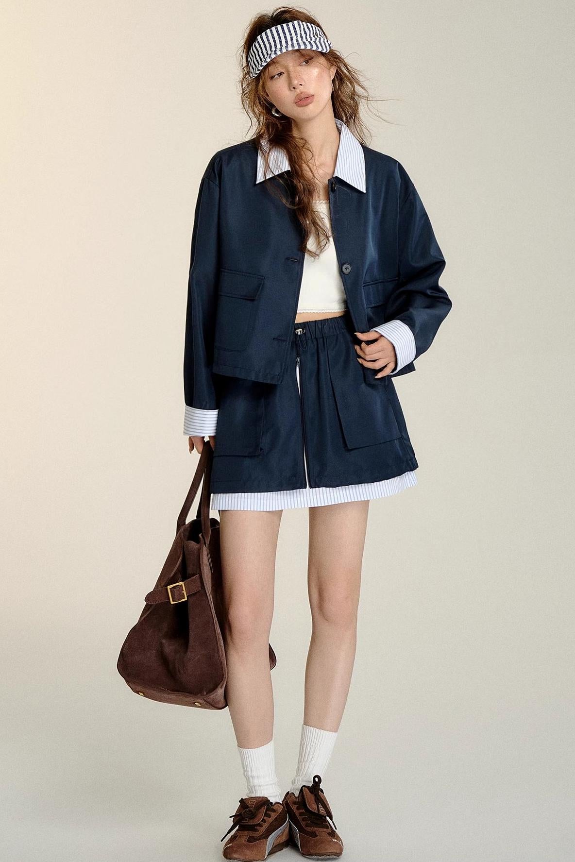 Patchwork Striped Trench Coat Skirt Set-Up