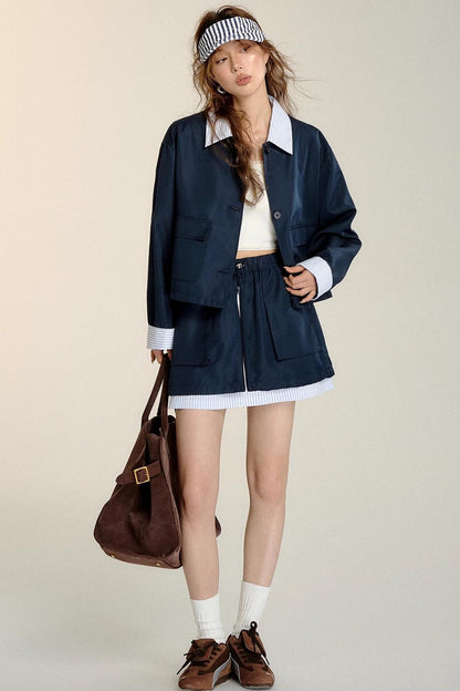 Patchwork Striped Trench Coat Skirt Set-Up