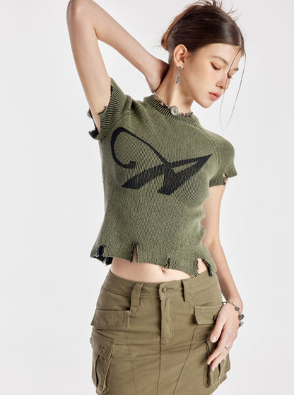 Army Green Ripped Crew Neck Sweater