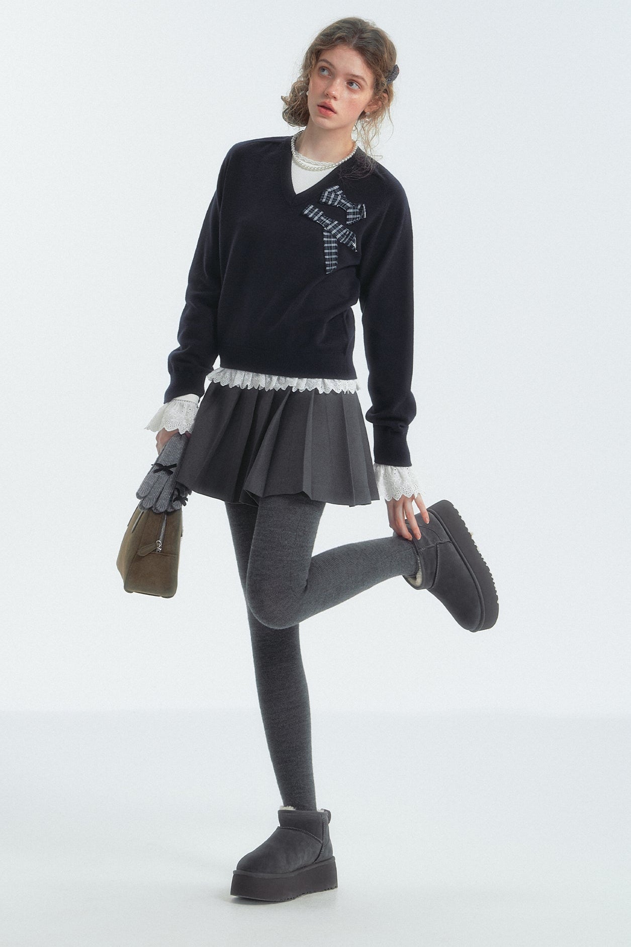 Bow Detail Checked V-Neck Jumper