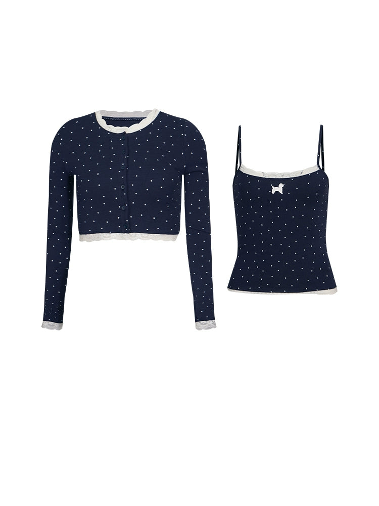 APEA Polka Dot Welpen Silhouette Druck reinen Wunsch Camisole Herbst kurze lange Ärmel Strickjacke Top zweiteilige Set für Frauen