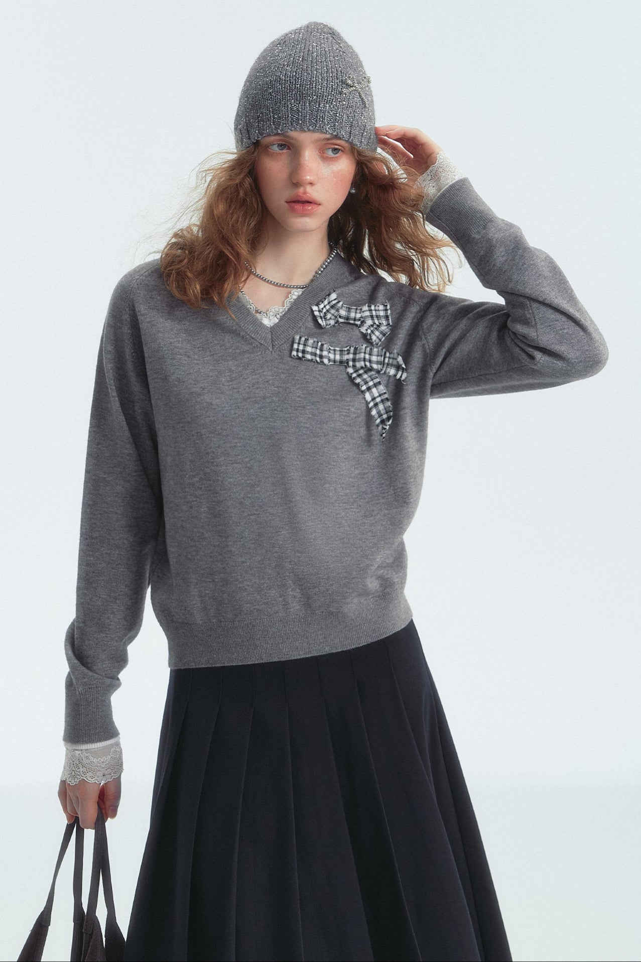 Bow Detail Checked V-Neck Jumper