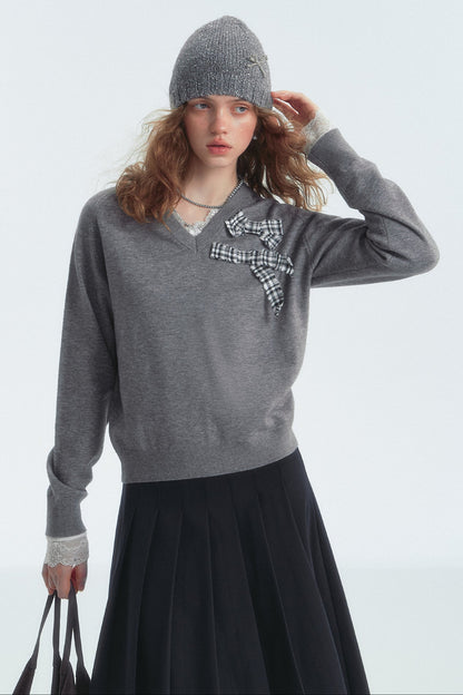 Bow Detail Checked V-Neck Jumper