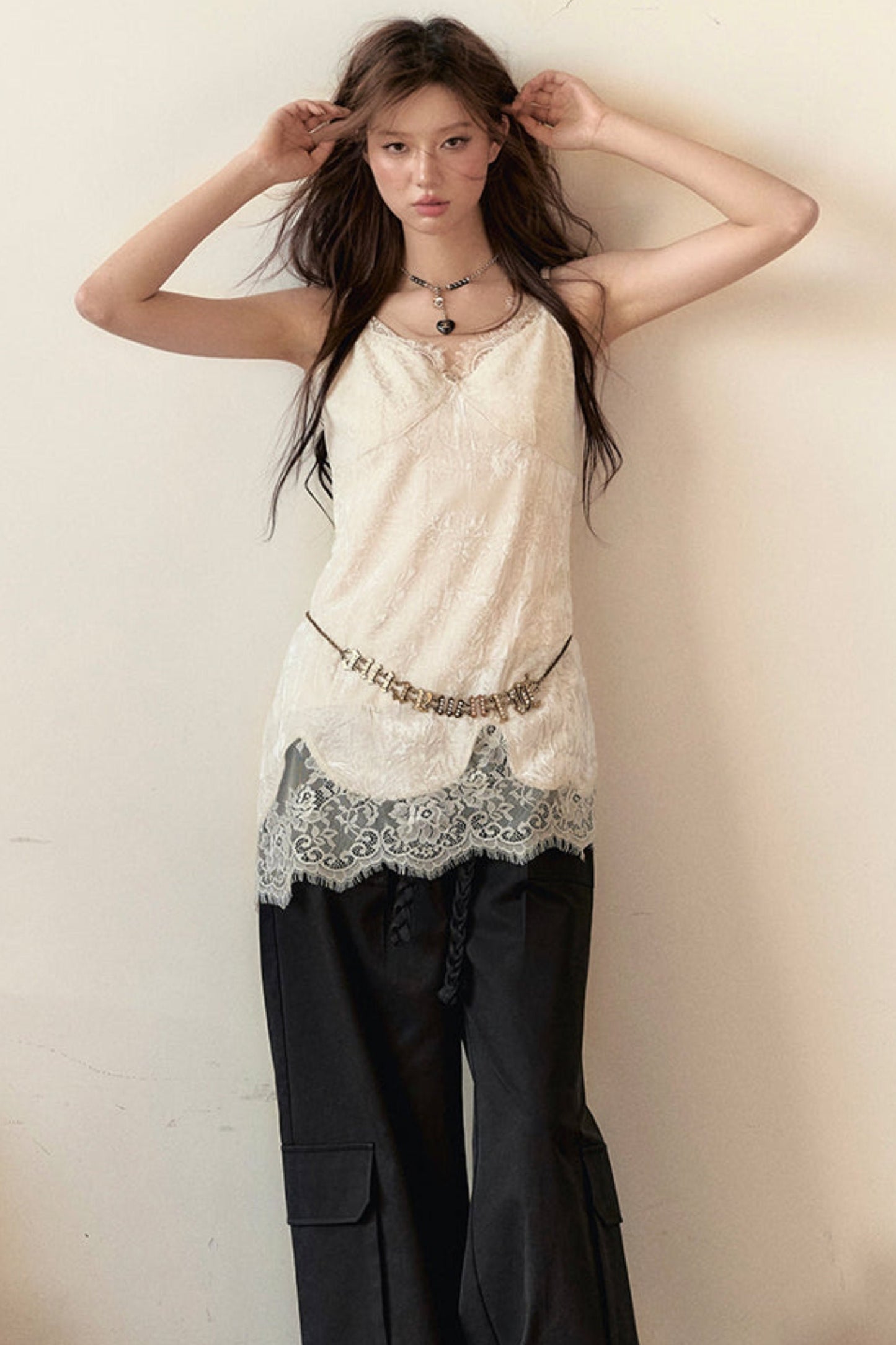 Lace Stitched Slim Midi Camisole Tops