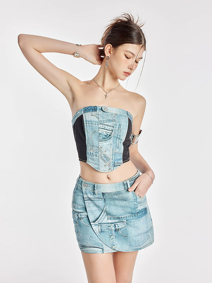 Slim Fit Bandeau Crop Tank Top And Short Skirt Set-Up