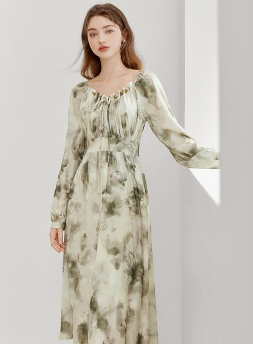 MEETLADY Ink Smudge Chiffon Long Sleeve Dress Women's Fall 2024 New French Elegant Waist-cinching Tea Dress