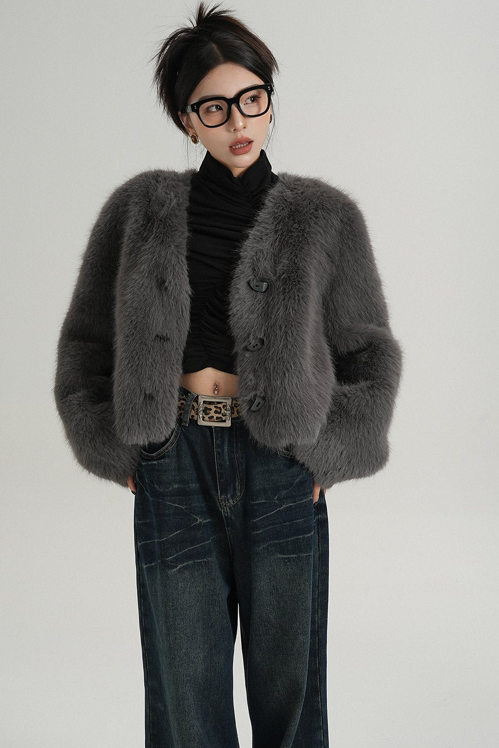 High-End Gray Eco-Friendly Fur Coat