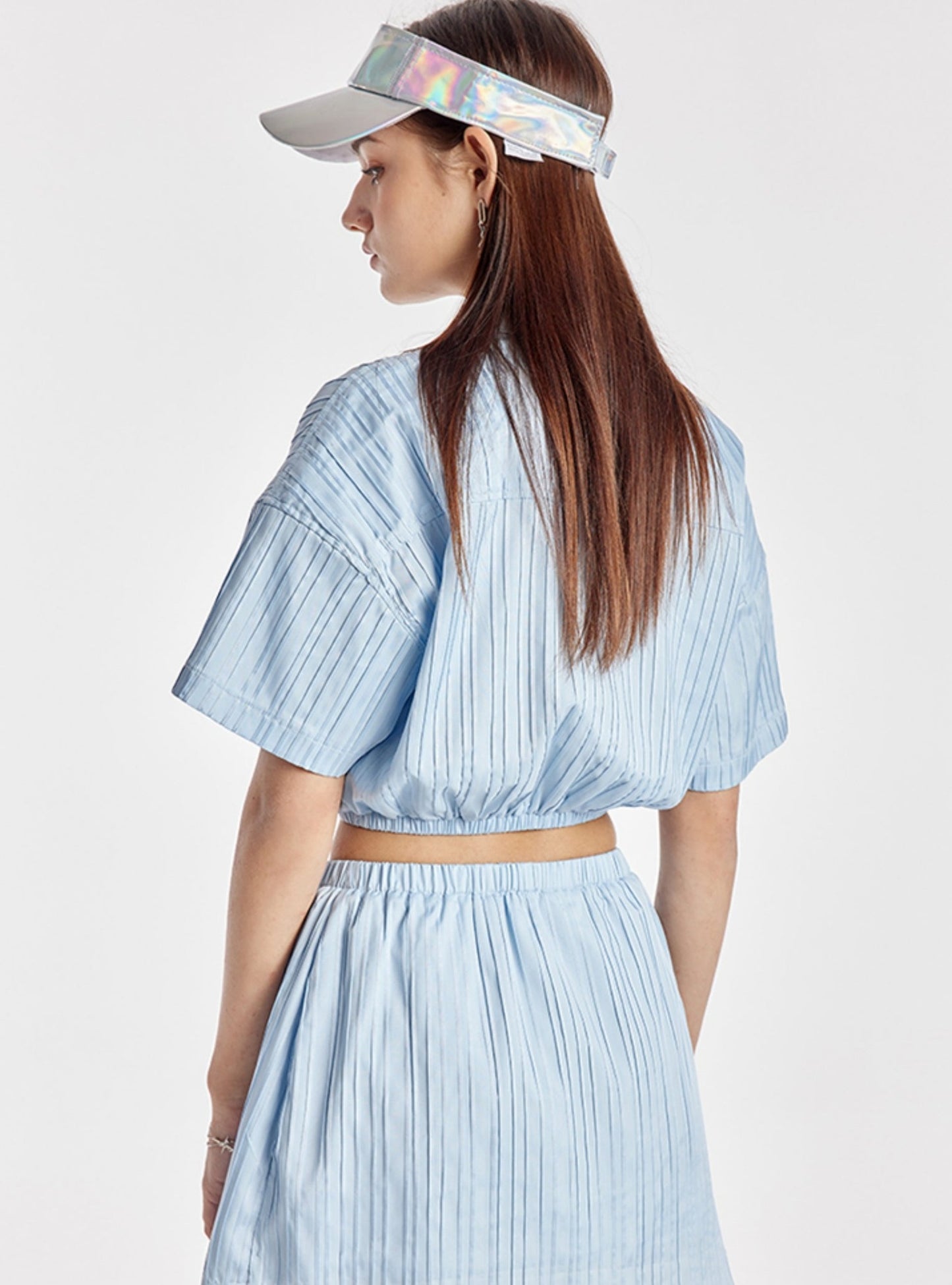 Sky Blue Elasticated Crop Shirt With Simple Skirt Set-Up