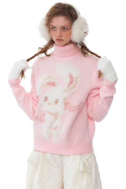 ziziFei autumn and winter American retro design high-quality plush rabbit soft and lazy pink turtleneck sweater woman