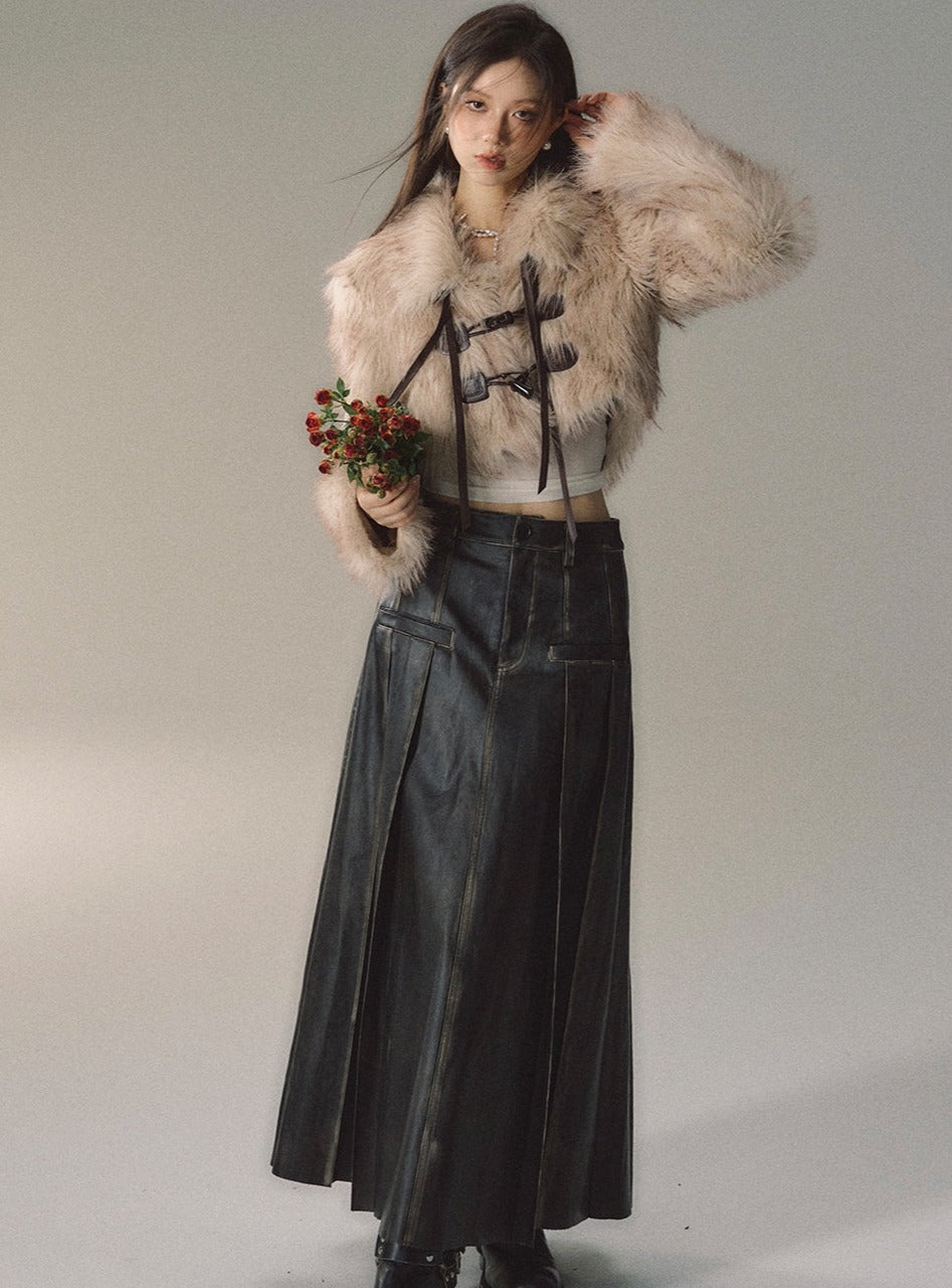 Midi pu leather pleated skirt
