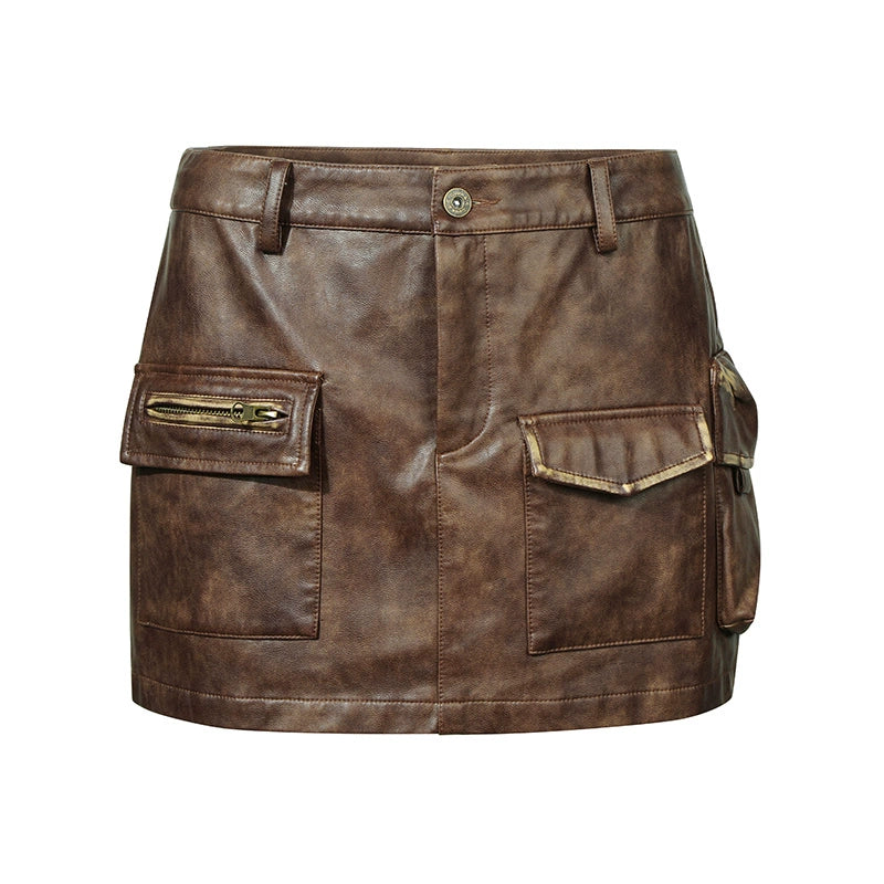 Brauner Distressed Multi-Pocket-PU-Rock