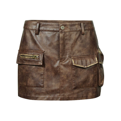 Brown Distressed Multi-Pocket PU Skirt