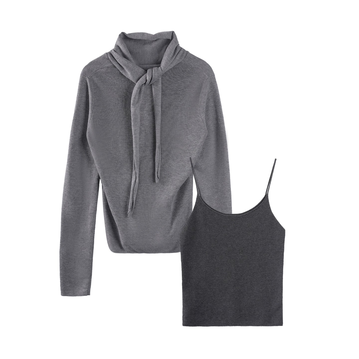 Gray Wool Scarf Collar Top Set-Up