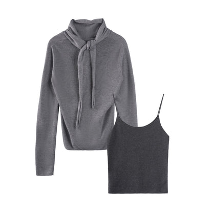 Gray Wool Scarf Collar Top Set-Up