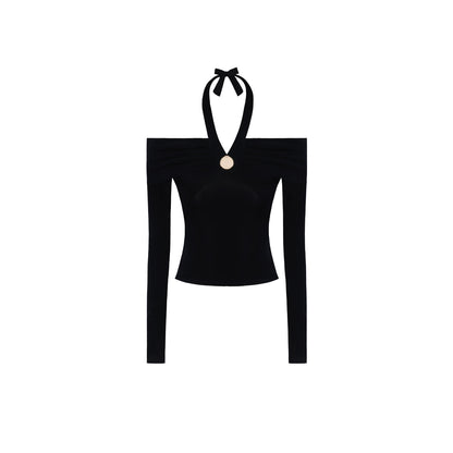 Sense Twisted Navy Halterneck Long Sleeve Top