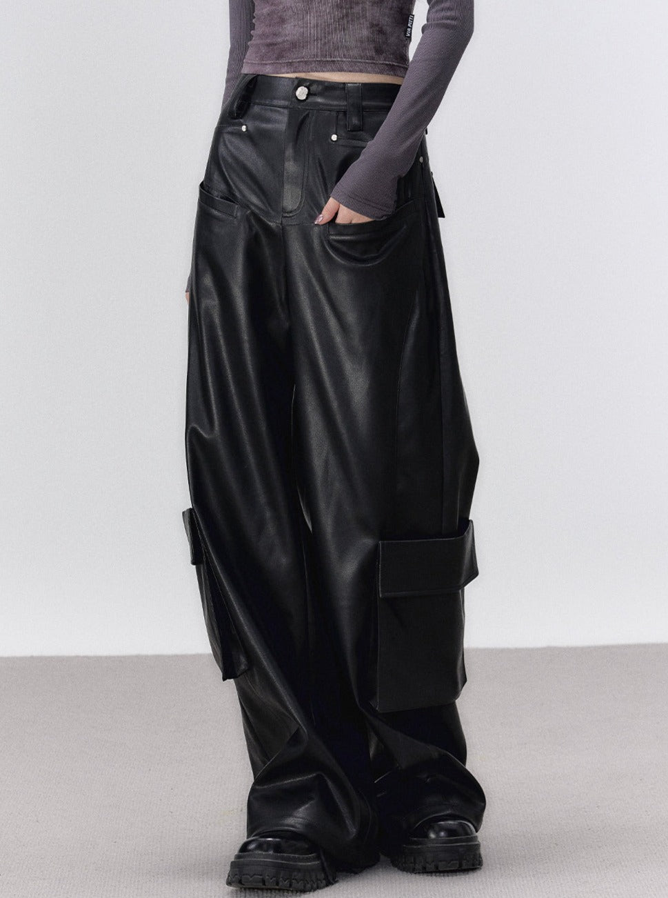 Loose pu leather pants