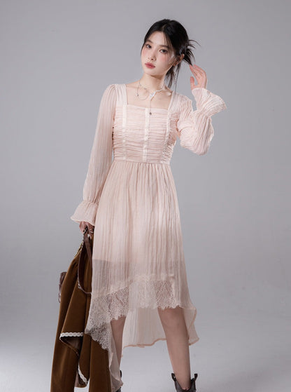 irregular hem lace long-sleeved dress