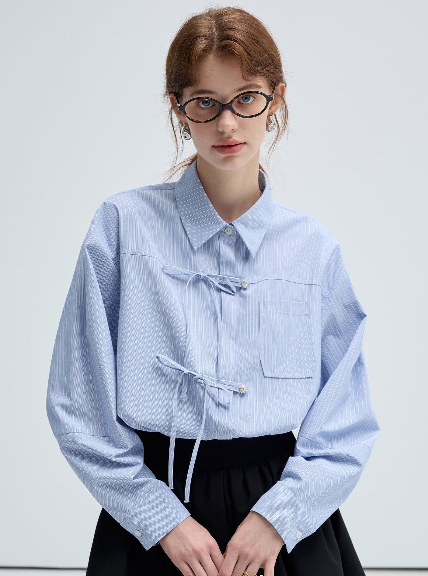 Bow Placket Striped Shirt