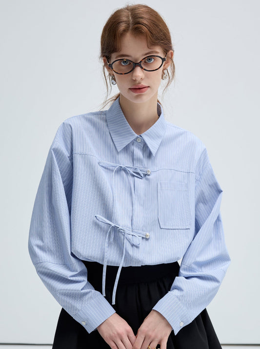 Bow Placket Striped Shirt