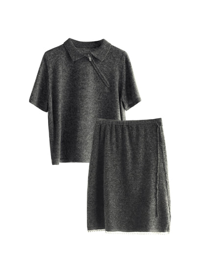 Diagonal Zip Knit Short Sleeve Suit Set-Up