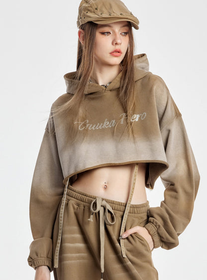 Khaki Printed Crop Top And Long Pants Set-Up