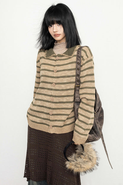 Vintage Striped Lapel Knit Sweater