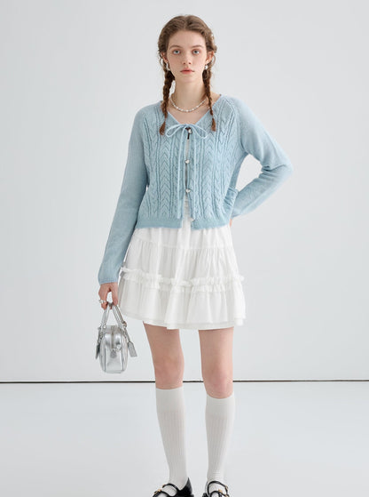 lace-up wool knitted cardigan top