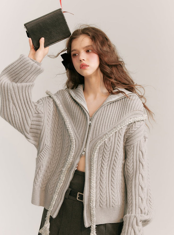 Knitted Lapel Zipper Cardigan Coat